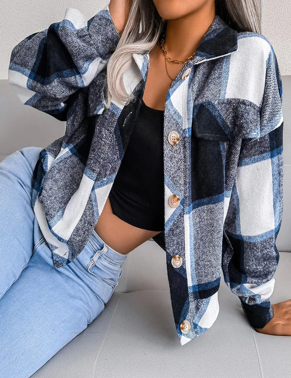 Zontroldy Womens Fashion Cropped Corduroy Plaid Shacket Jacket Button Down Long Sleeve Crop Shirts Jackets Tops