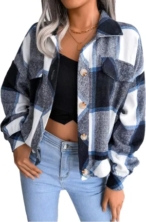Zontroldy Womens Fashion Cropped Corduroy Plaid Shacket Jacket Button Down Long Sleeve Crop Shirts Jackets Tops