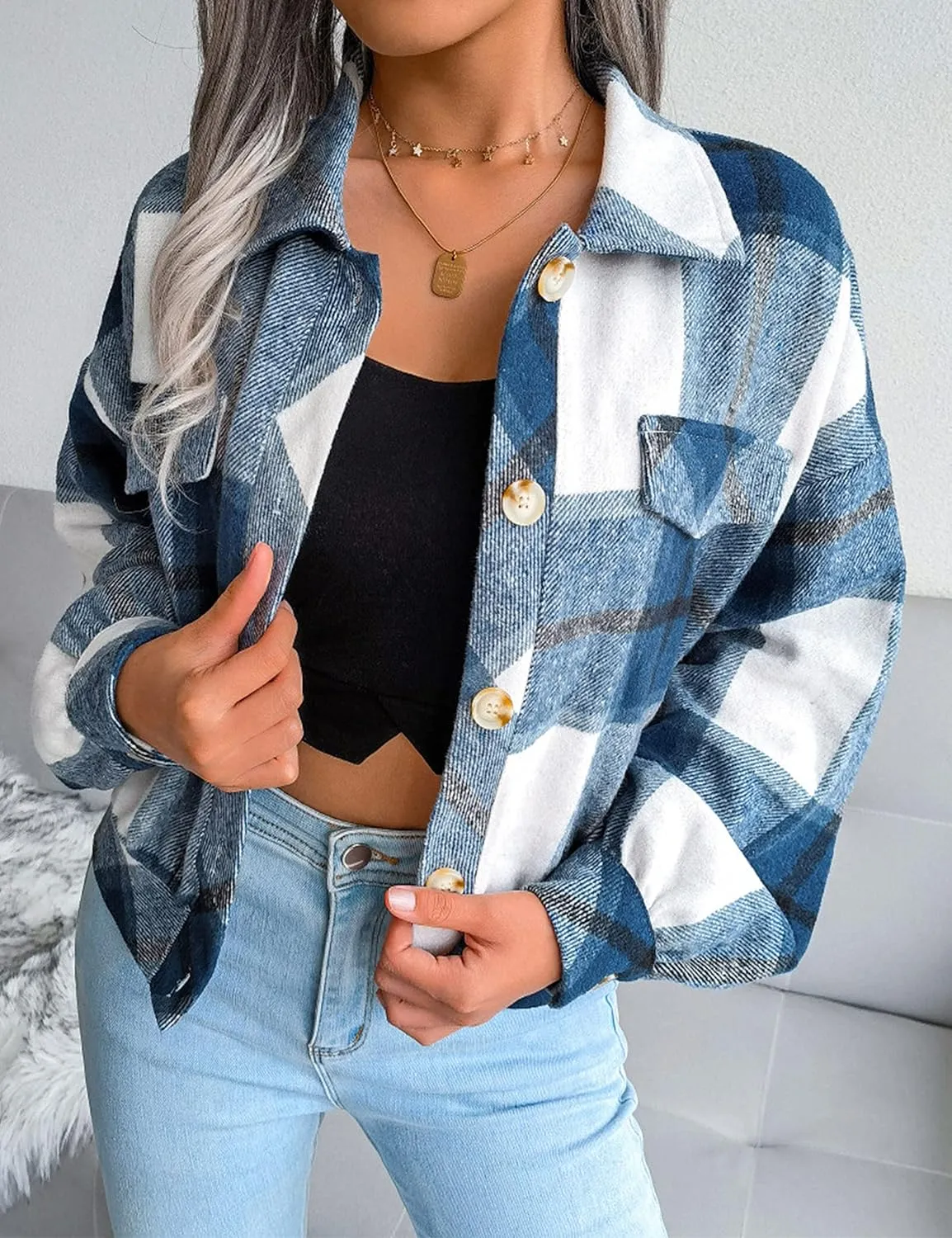 Zontroldy Womens Fashion Cropped Corduroy Plaid Shacket Jacket Button Down Long Sleeve Crop Shirts Jackets Tops