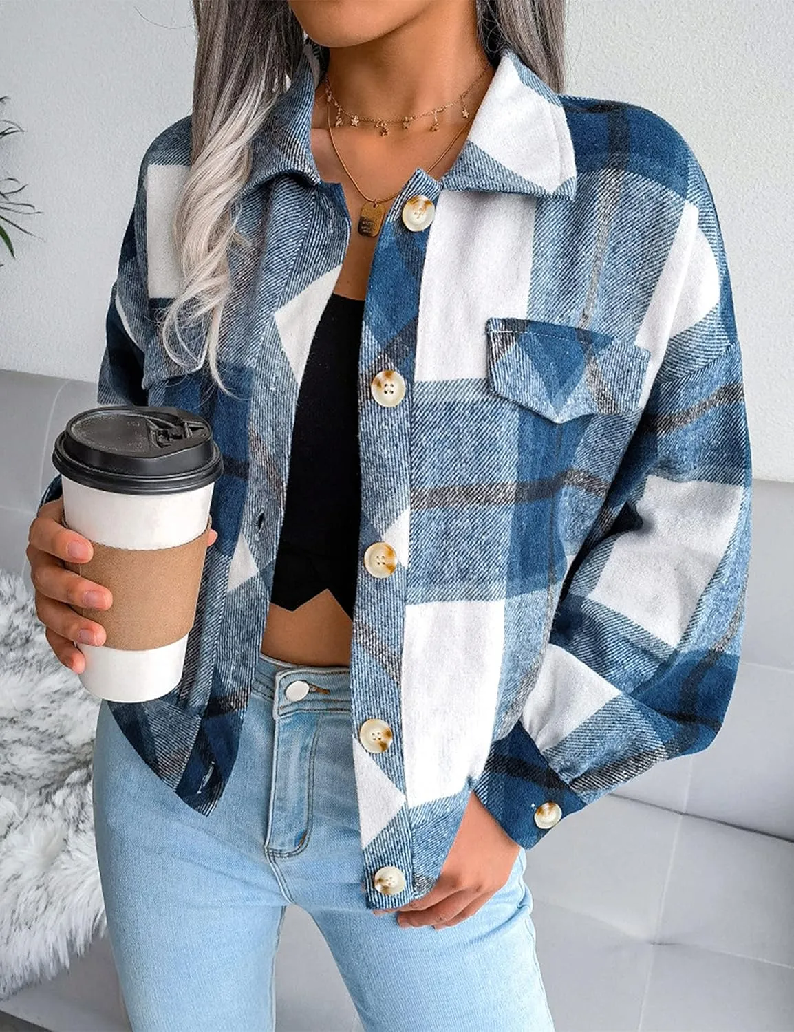 Zontroldy Womens Fashion Cropped Corduroy Plaid Shacket Jacket Button Down Long Sleeve Crop Shirts Jackets Tops