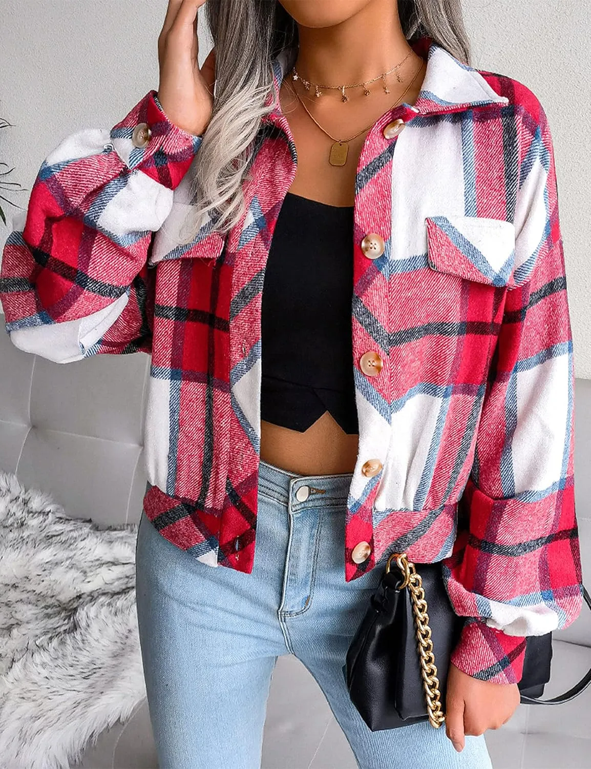 Zontroldy Womens Fashion Cropped Corduroy Plaid Shacket Jacket Button Down Long Sleeve Crop Shirts Jackets Tops