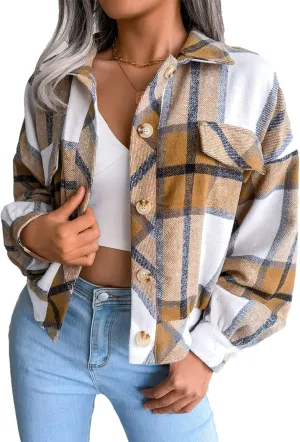Zontroldy Womens Fashion Cropped Corduroy Plaid Shacket Jacket Button Down Long Sleeve Crop Shirts Jackets Tops