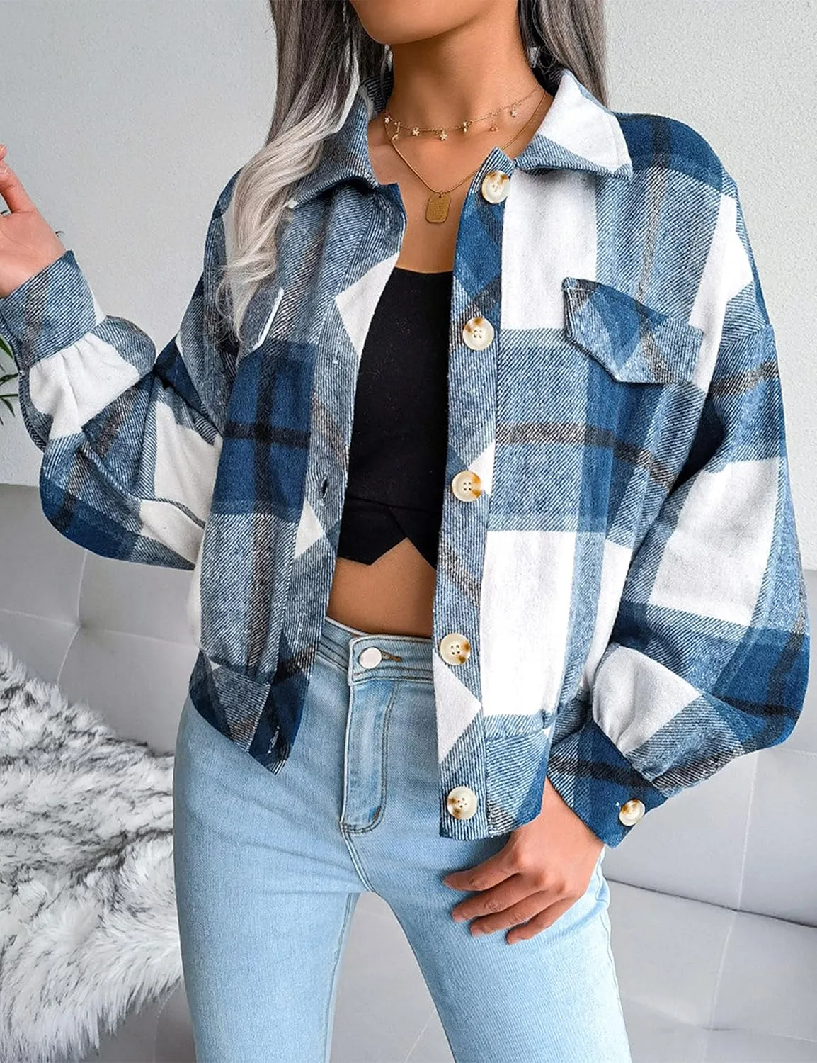 Zontroldy Womens Fashion Cropped Corduroy Plaid Shacket Jacket Button Down Long Sleeve Crop Shirts Jackets Tops