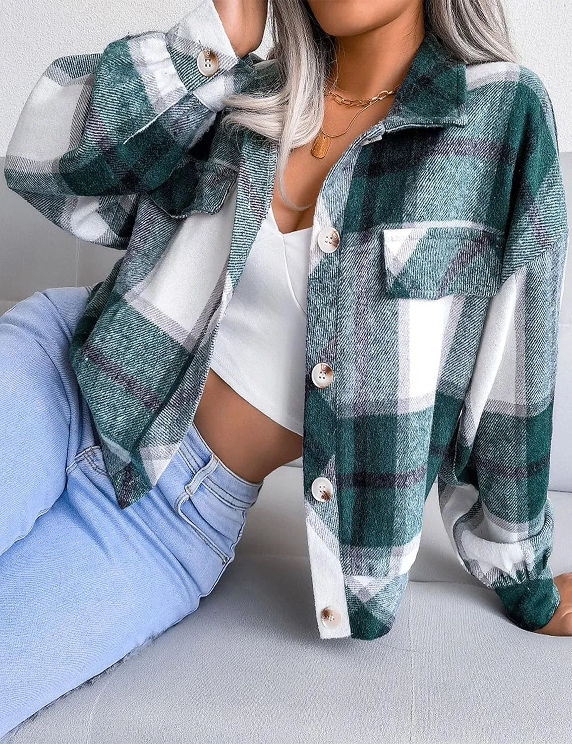 Zontroldy Womens Fashion Cropped Corduroy Plaid Shacket Jacket Button Down Long Sleeve Crop Shirts Jackets Tops
